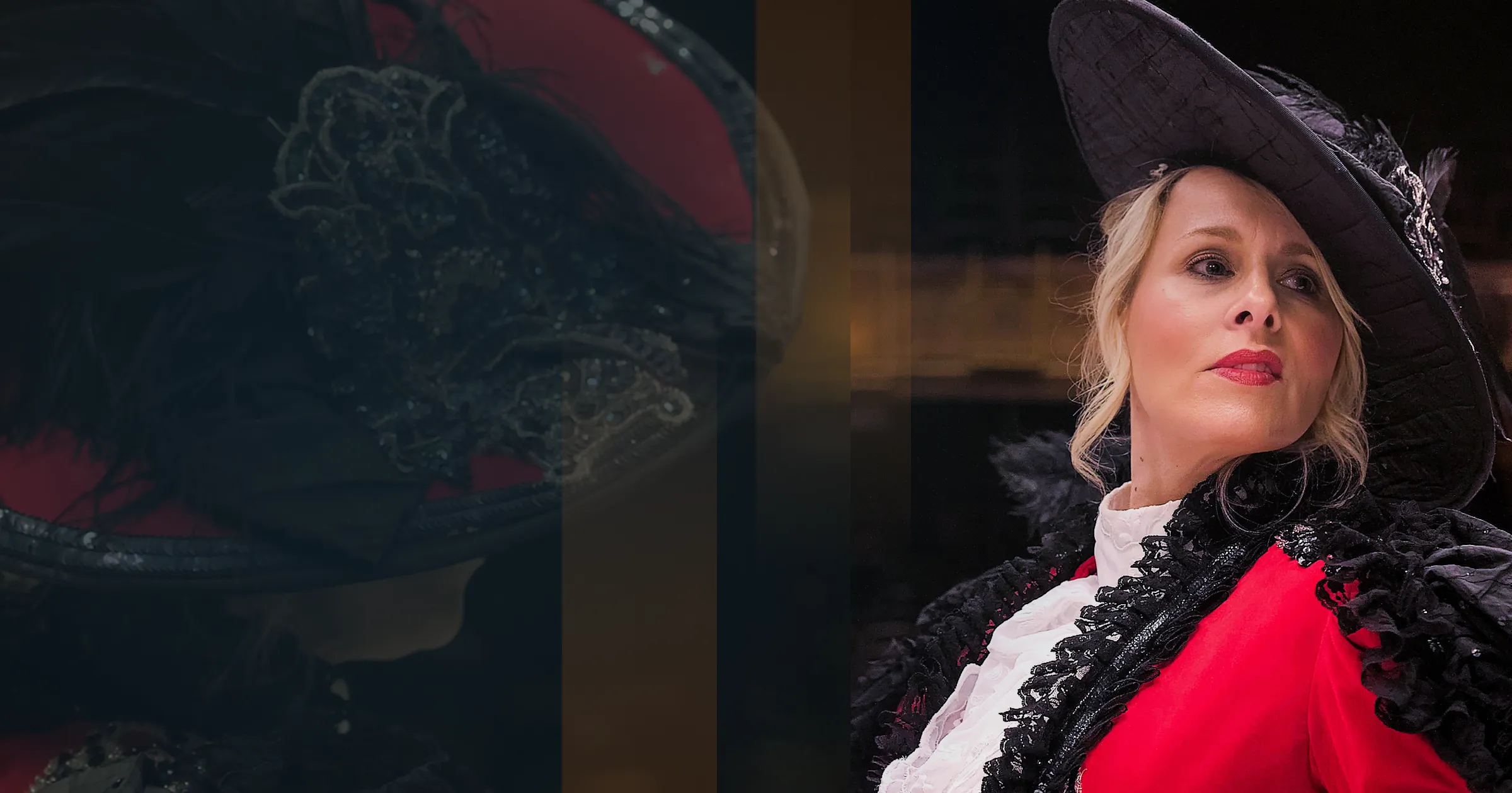 FPV Flythrough Gaiety Theatre — a cast member from Annie Get Your Gun in costume with a wide-brimmed black hat and red jacket.